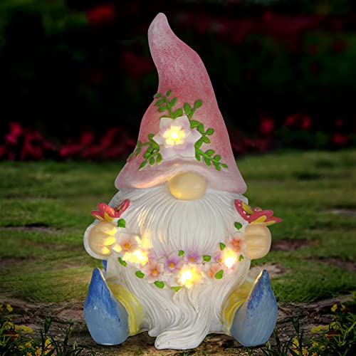 Sinhra Garden Gnome Statue,Resin Gnome Figurine Holding Butterfly with Solar LED Lights, Outdoor Statues Garden Decor for Patio Yard Lawn Porch, Gardening Gifts