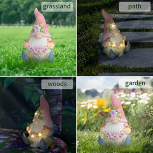 Sinhra Garden Gnome Statue,Resin Gnome Figurine Holding Butterfly with Solar LED Lights, Outdoor Statues Garden Decor for Patio Yard Lawn Porch, Gardening Gifts