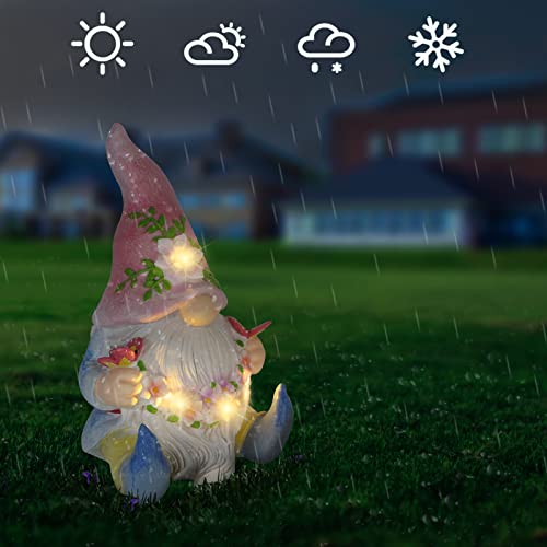 Sinhra Garden Gnome Statue,Resin Gnome Figurine Holding Butterfly with Solar LED Lights, Outdoor Statues Garden Decor for Patio Yard Lawn Porch, Gardening Gifts