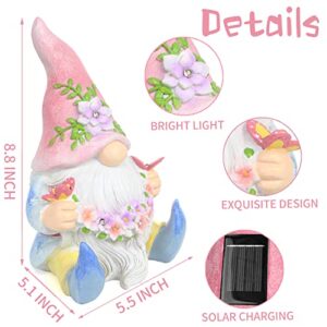 Sinhra Garden Gnome Statue,Resin Gnome Figurine Holding Butterfly with Solar LED Lights, Outdoor Statues Garden Decor for Patio Yard Lawn Porch, Gardening Gifts