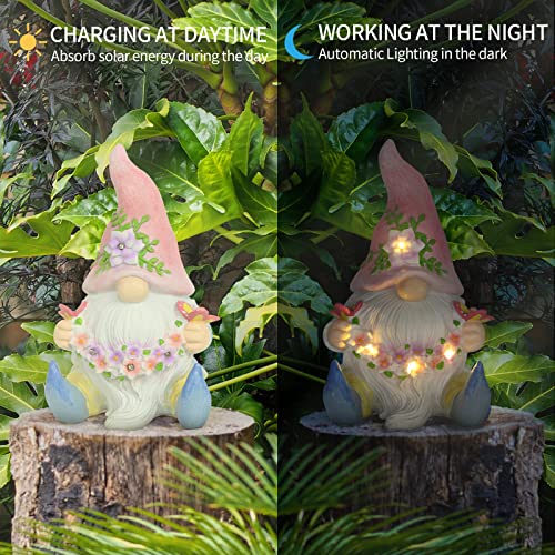 Sinhra Garden Gnome Statue,Resin Gnome Figurine Holding Butterfly with Solar LED Lights, Outdoor Statues Garden Decor for Patio Yard Lawn Porch, Gardening Gifts