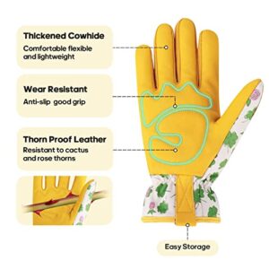 WANCHI Garden Gloves for Women, Cowhide Leather Safety Work Gloves, Ladies Thorn Proof Garden Gloves for Yard Work & Outdoor Work Gardening Gifts for Gardeners (Large)