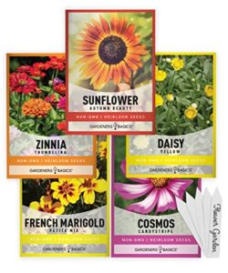flower garden seeds for planting outdoors flower seeds (5 variety pack) daisy, marigold, cosmos, sunflower, zinnia varieties for bees, pollinators wildflower seed by gardeners basics