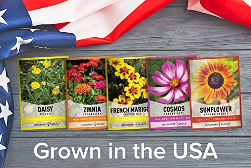 Flower Garden Seeds for Planting Outdoors Flower Seeds (5 Variety Pack) Daisy, Marigold, Cosmos, Sunflower, Zinnia Varieties for Bees, Pollinators Wildflower Seed by Gardeners Basics