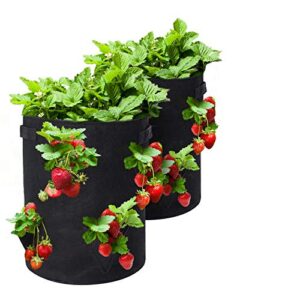 tenover strawberry grow bags, 2 pack 10 gallon strawberry planter with 8 side grow pockets, breathable non-woven fabric reinforce handle plant grow bag for garden strawberries, herbs, flowers