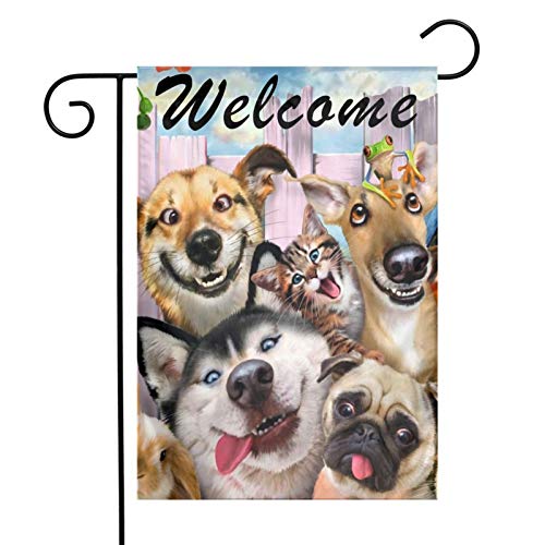 Welcome Happy Dog Animals Outdoor Garden Flag, Double Sided Vertical Garden Yard Flag Banner for Lawn House Outside Decor 12x18inch