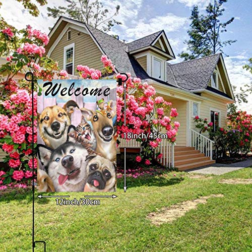 Welcome Happy Dog Animals Outdoor Garden Flag, Double Sided Vertical Garden Yard Flag Banner for Lawn House Outside Decor 12x18inch