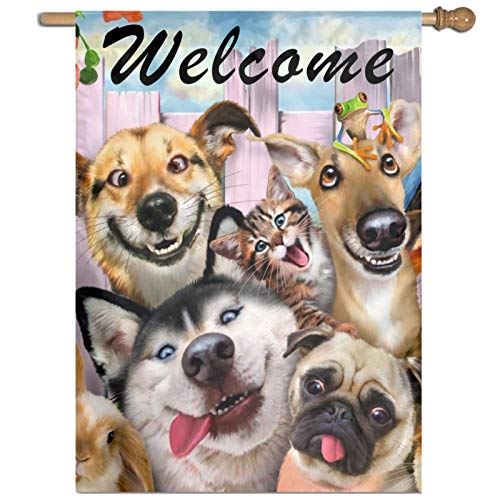 Welcome Happy Dog Animals Outdoor Garden Flag, Double Sided Vertical Garden Yard Flag Banner for Lawn House Outside Decor 12x18inch