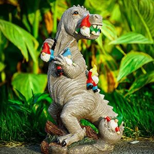 m.a.k dinosaur eating gnomes garden decor, art for garden decor, outdoor statue for patio, lawn, yard art decoration, housewarming garden gift