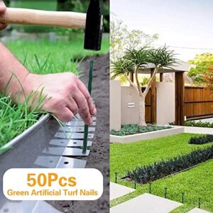 Bakulyor 50 Pack Metal Landscape Stakes, 8 Inch Artificial Turf Nails, 6 Gauge Large Landscaping Spikes, Green Edging Anchoring Staple for Garden Ground Grass Lawn Paver Timber Border Weed Barrier -8"