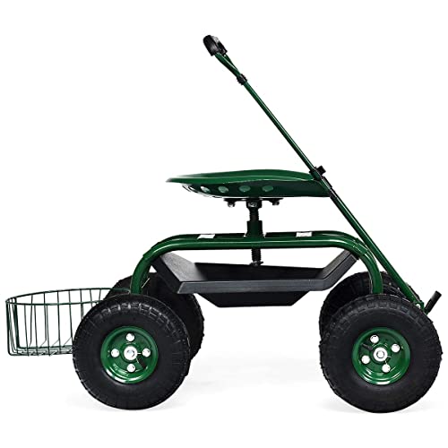 Goplus Garden Cart Gardening Workseat w/Wheels, Patio Wagon Scooter for Planting, Work Seat with Tool Tray and Basket (Length Adjustable Handle)