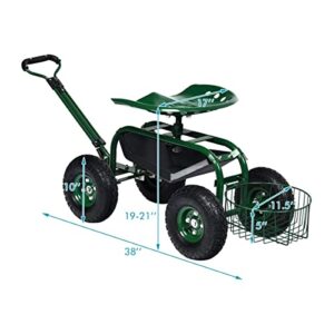 Goplus Garden Cart Gardening Workseat w/Wheels, Patio Wagon Scooter for Planting, Work Seat with Tool Tray and Basket (Length Adjustable Handle)