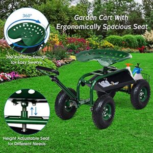 Goplus Garden Cart Gardening Workseat w/Wheels, Patio Wagon Scooter for Planting, Work Seat with Tool Tray and Basket (Length Adjustable Handle)