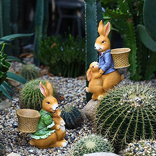 Hewory Rabbit with Flowerpot Garden Statue, Bunny Figurine Flower Basket Outdoor Art Décor Sculpture Ornament for Yard Patio Office Home (Female Rabbit)