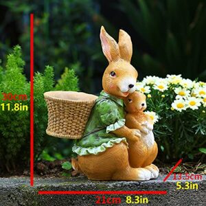 Hewory Rabbit with Flowerpot Garden Statue, Bunny Figurine Flower Basket Outdoor Art Décor Sculpture Ornament for Yard Patio Office Home (Female Rabbit)