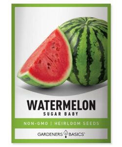 watermelon seeds for planting – sugar baby heirloom variety, non-gmo fruit seed – 2 grams of seeds great for outdoor garden by gardeners basics