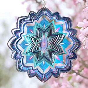 aianger mandala wind spinner 12 inch 3d stainless steel, wind turntable outdoor hanging garden decoration,multi-color mandala flower blue wind spinner