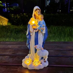 voveexy virgin mary statue with baby jesus, solar mother mary statue resin figurine with warm white light outdoor decor sculpture patio yard art religious gift for mother christmas day, 11.6inch