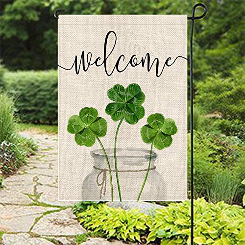 CROWNED BEAUTY St Patricks Day Garden Flag 12x18 Inch Double Sided for Outside Small Burlap Green Shamrocks Clovers Welcome Yard Holiday Flag