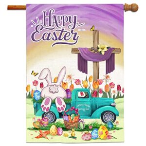 Easter Flag, Happy Easter Flags for Outdoors 28 x 40 Double Sided, Easter Bunny Eggs with Blue Truck Tulip Flowers Burlap House Flag, Holiday Spring Garden Yard Lawn Signs for Home Outside