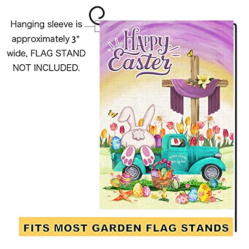 Easter Flag, Happy Easter Flags for Outdoors 28 x 40 Double Sided, Easter Bunny Eggs with Blue Truck Tulip Flowers Burlap House Flag, Holiday Spring Garden Yard Lawn Signs for Home Outside