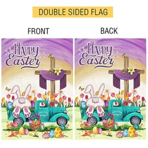 Easter Flag, Happy Easter Flags for Outdoors 28 x 40 Double Sided, Easter Bunny Eggs with Blue Truck Tulip Flowers Burlap House Flag, Holiday Spring Garden Yard Lawn Signs for Home Outside