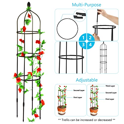 Toolazy Tower Obelisk Garden Trellis for Potted Climbing Plants Outdoor Indoor Pot,Rustproof PE Coated Metal Plant Support,Round Obelisk Garden Trellis for Climbing Vine（Black） (2 Pack)