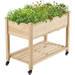 yaheetech wooden raised garden bed with wheels flower planter boxes elevated vegetables growing bed for grow herbs and vegetables 42x23x33in