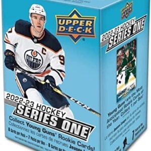 2022-23 NHL Upper Deck Series 1 Hockey Factory Sealed Blaster Box 56 Cards: 7 Packs of 8 Cards per Pack. Possible YOUNG GUNS Rookie cards include Matt Boldy, Matty Beniers, Dylan Samburg, Owen Power and many others See Scans for great possible inserts and