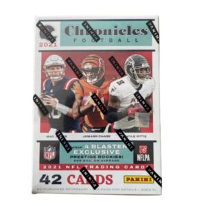 2021 panini chronicles nfl football factory sealed blaster box 42 cards 6 packs of 7 cards per pack, exclusive pink parallels. chase rookie cards of trevor lawrence (1st overall pick to jacksonville), zach wilson (new york jets), trey lance (3rd to san fr