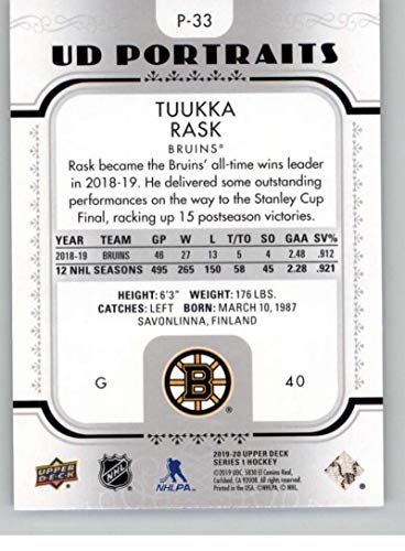 2019-20 Upper Deck Hockey Series 1 Portraits #P-33 Tuukka Rask Boston Bruins Official UD NHL Trading Card