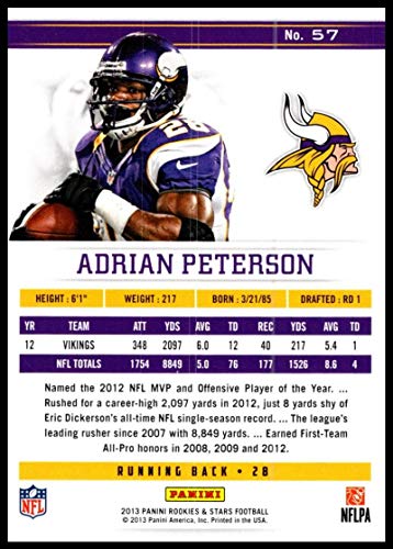 2013 Panini Rookies and Stars #57 Adrian Peterson NM-MT Minnesota Vikings Official NFL Football Trading Card