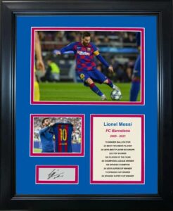 framed lionel messi facsimile laser engraved signature auto fc barcelona soccer futbol 12″x15″ photo collage