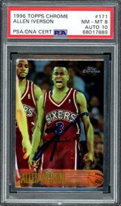 allen iverson autographed 1996-97 topps chrome rookie card #171 philadelphia 76ers psa 8 auto grade gem mint 10 psa/dna #68017889 – basketball autographed cards