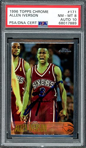 Allen Iverson Autographed 1996-97 Topps Chrome Rookie Card #171 Philadelphia 76ers PSA 8 Auto Grade Gem Mint 10 PSA/DNA #68017889 - Basketball Autographed Cards