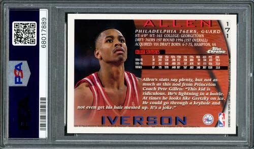 Allen Iverson Autographed 1996-97 Topps Chrome Rookie Card #171 Philadelphia 76ers PSA 8 Auto Grade Gem Mint 10 PSA/DNA #68017889 - Basketball Autographed Cards