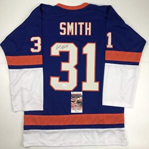 Autographed/Signed Billy Smith New York Blue Hockey Jersey JSA COA