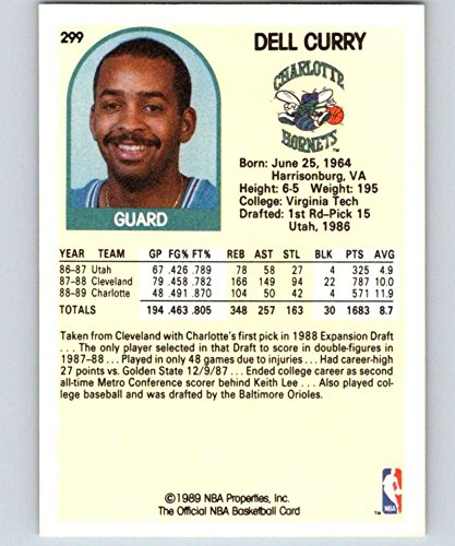 1989-90 Hoops Basketball #299 Dell Curry Charlotte Hornets Official NBA Trading Card