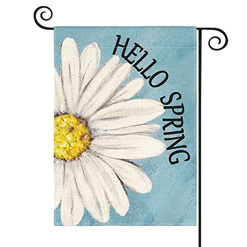 AVOIN colorlife Hello Spring Garden Flag 12x18 Inch Double Sided Outside, Floral Daisy Yard Outdoor Flag Blue