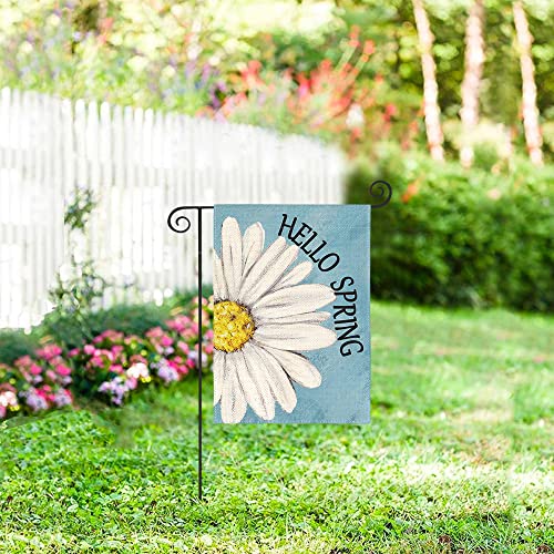 AVOIN colorlife Hello Spring Garden Flag 12x18 Inch Double Sided Outside, Floral Daisy Yard Outdoor Flag Blue