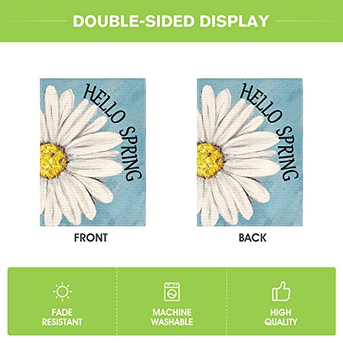 AVOIN colorlife Hello Spring Garden Flag 12x18 Inch Double Sided Outside, Floral Daisy Yard Outdoor Flag Blue