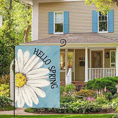 AVOIN colorlife Hello Spring Garden Flag 12x18 Inch Double Sided Outside, Floral Daisy Yard Outdoor Flag Blue