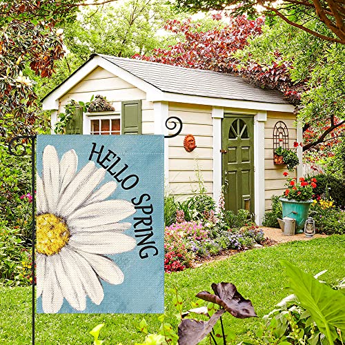 AVOIN colorlife Hello Spring Garden Flag 12x18 Inch Double Sided Outside, Floral Daisy Yard Outdoor Flag Blue