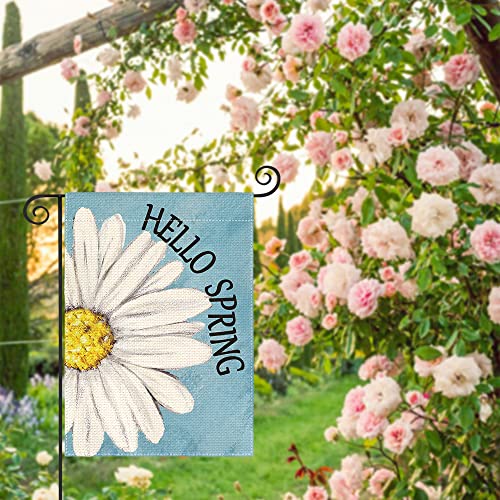 AVOIN colorlife Hello Spring Garden Flag 12x18 Inch Double Sided Outside, Floral Daisy Yard Outdoor Flag Blue