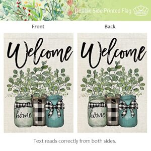 CROWNED BEAUTY Welcome Garden Flag Floral Mason Jar 12x18 Inch Double Sided for Outside Small Buffalo Plaid Burlap Yard Flag CF789-12