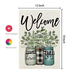 CROWNED BEAUTY Welcome Garden Flag Floral Mason Jar 12x18 Inch Double Sided for Outside Small Buffalo Plaid Burlap Yard Flag CF789-12