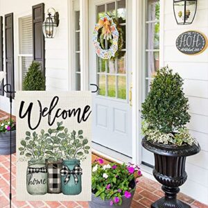 CROWNED BEAUTY Welcome Garden Flag Floral Mason Jar 12x18 Inch Double Sided for Outside Small Buffalo Plaid Burlap Yard Flag CF789-12