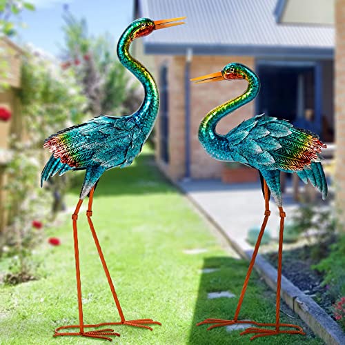 Natelf Garden Crane Statues for Outdoor, Blue Heron Decor Standing Garden Art Sculptures, Metal Large Birds Lawn Ornaments for Patio Pond Yard Lawn Decorations, Set of 2