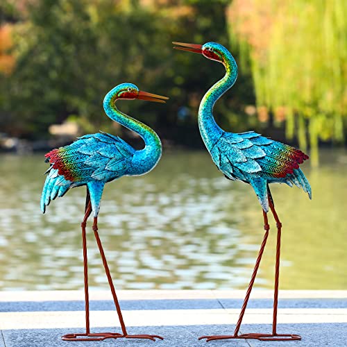 Natelf Garden Crane Statues for Outdoor, Blue Heron Decor Standing Garden Art Sculptures, Metal Large Birds Lawn Ornaments for Patio Pond Yard Lawn Decorations, Set of 2