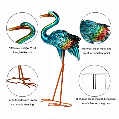 Natelf Garden Crane Statues for Outdoor, Blue Heron Decor Standing Garden Art Sculptures, Metal Large Birds Lawn Ornaments for Patio Pond Yard Lawn Decorations, Set of 2